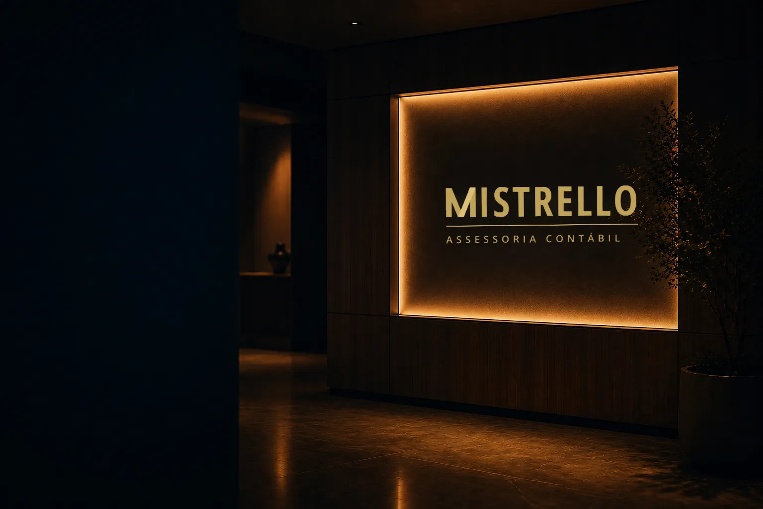 Letreiro retroiluminado da Mistrello em parede de madeira