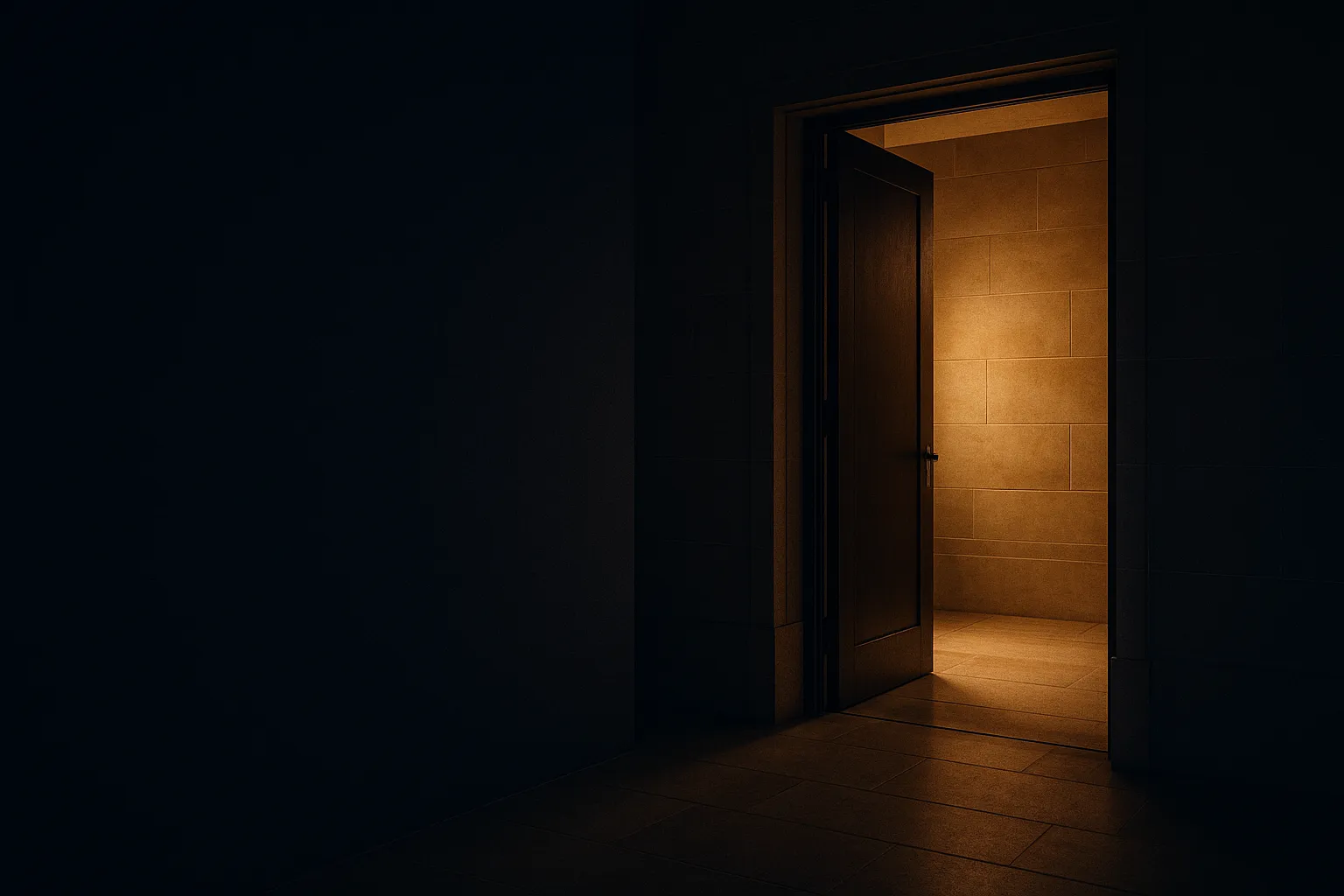 Soleira iluminada de um escritório premium ao entardecer — transição