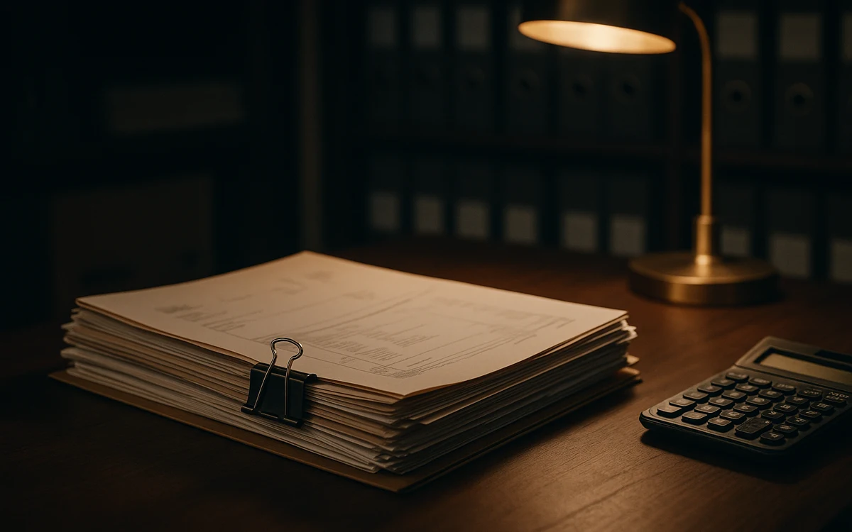 Pilha de notas fiscais com clipe e calculadora sob uma luminária — revisão de créditos tributários.